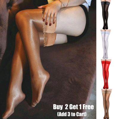 Oil Shiny Glossy Satin High Stockings Women Stay Up Silicone Thigh-Highs Hosiery