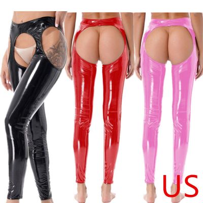 US Womens Wetlook Open Crotch Butt Pantyhose Skinny Latex Pants Tights Trousers