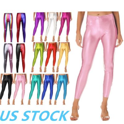 US Womens Shiny Metallic Tights Pants Glossy Faux Leather Disco Skinny Trousers