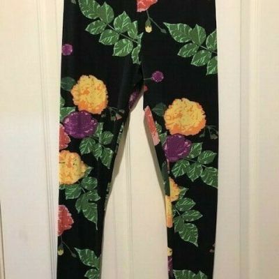 LulaRoe Black with Bright Floral Flowers and Leaves Leggings , One Size
