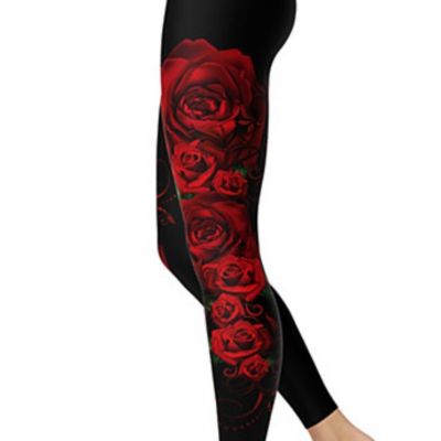 womens 3X plus size leggings black with red roses pattern. Soft stretch spandex