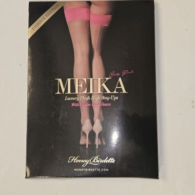 Honey Birdette Meika Candy Pink Stockings Luxury Thigh High Stay Ups size L new