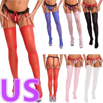 US Women Glossy Suspender Pantyhose Shiny Stockings with Garter Belt Stockings