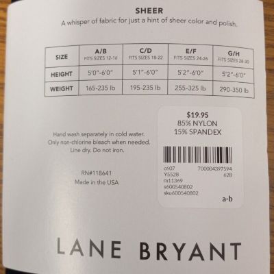 Lane Bryant Control Top Sheer Tights Black Size A/B
