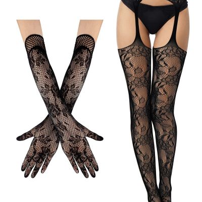 2 Pieces Suspender Pantyhose Long Floral Lace Gloves Stocking Fishnet Tights ...