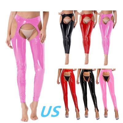 US Women PVC Leather Cutout Tights Pants High Waist Hollow Out Skinny Trousers