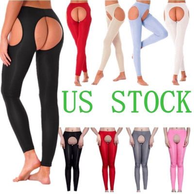 US Women Crotchless Gym Tights Glossy Pantyhose Compression Yoga Pants Nightwear