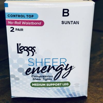 L'eggs 2 Pr New Pantyhose Sz B Control Top Med Support SUNTAN