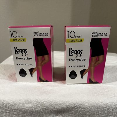 2 Pack L'eggs Everyday Women's Nylon Knee Highs Sheer Toe Off Black 10 Pairs NEW