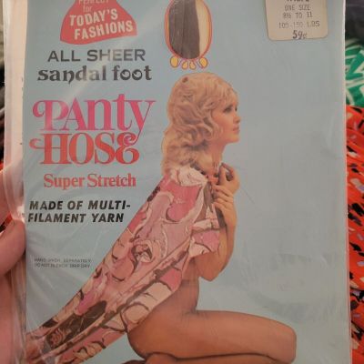 Pantyhose One Size Seamless Super Stretch NOS 60's 70's Sheer Taupe Sandal Foot