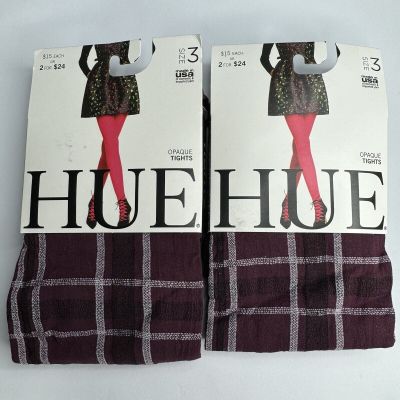 HUE Burgundy Plaid Opaque Tights Non-Control Top 2 Pairs U4689 Size 3 NEW