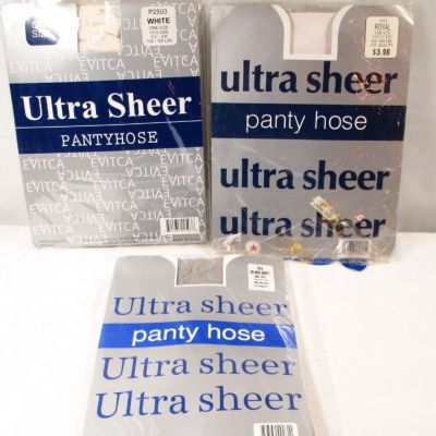 Ultra Sheer One Size Pantyhose Silver Gray Royal Blue White Lot of 3 NOS Vintage