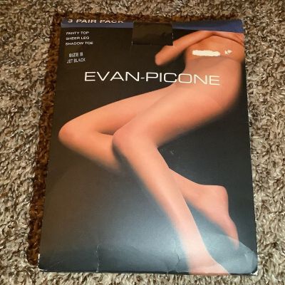 3 pairs - Evan Picone sheer legs & shadow toe pantyhose, jet black, size: B