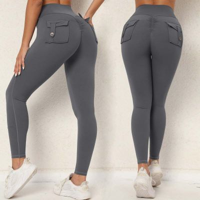 Women Cargo Leggings Pocket High Waist Tummy Control Stretch Workout Gym Leggins