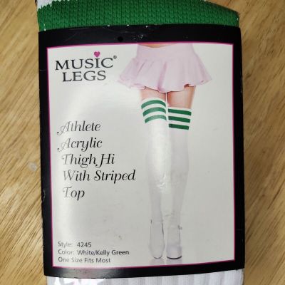 Music Legs White and Kelly Green thigh hi stockings with striped top one size