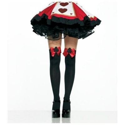Leg Avenue Opaque Stockings Fancy Thigh High Black/Red Bow/Glitter Club Applique