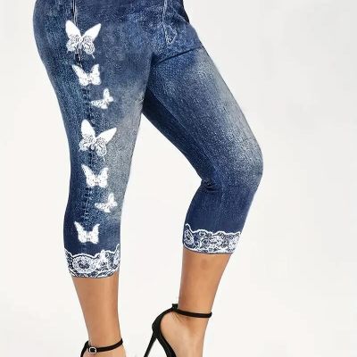 Fashion Blue Women Butterfly Print Skinny Capris Leggings Sports Clothing New