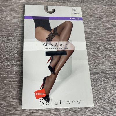 HANES THIGH HIGH STOCKINGS Black LARGE Silky Sheer LACE TOP Solutions