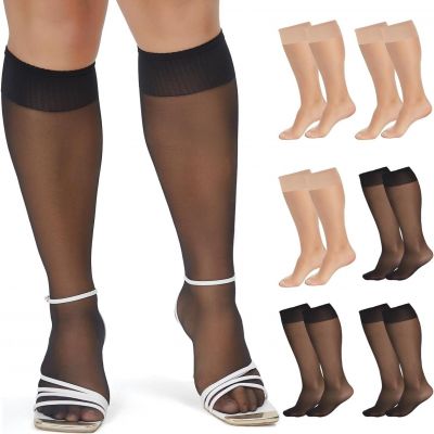 6 Packs Plus Size Knee High Sheer Stockings for Women, Nylon Trouser (3XL-4XL)