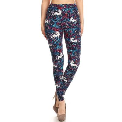 Plus Size Unicorns Printed High-Waisted Leggings In A Fitted Elastic Waistband.