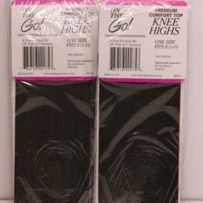 2 Pair OFF BLACK Knee High Pantyhose Nylon Double Layer Band Premium Comfort NEW