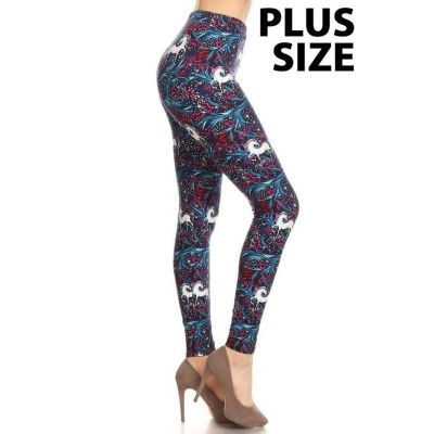 Plus Size Unicorns Printed High-Waisted Leggings In A Fitted Elastic Waistband.