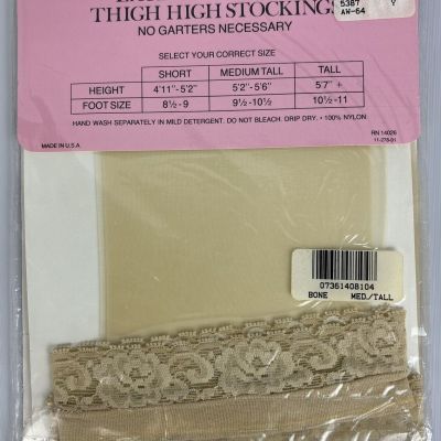 Lace Top Vintage Thigh High Stockings Medium/Tall BONE USA Made 100perc Nylon NOS