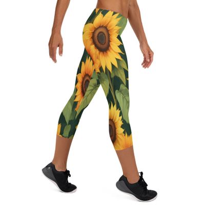 Sunflower Leggings, Floral Yoga Pants, Workout Leggings, Capri Leggings