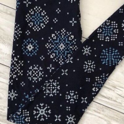 LuLaRoe Leggings OS Navy Blue w/ White Teal Winter Snowflakes Merry & Bright