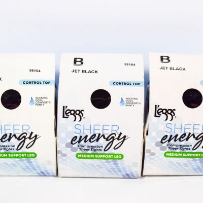 3 L'eggs Sheer Energy Control Top Medium Support Leg Sheer Tights JET BLACK Sz B