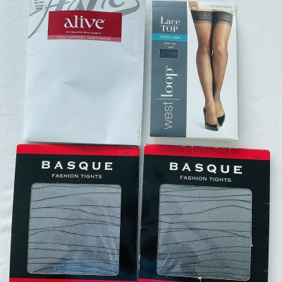 4 NEW Pantyhose Basque Black Tall Hanes Alive Control Top C Lace Top Thigh High