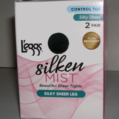 Leggs 2 Pair Silky Sheer Tights Pantyhose 20 DEN Control Top Run Resistant Black