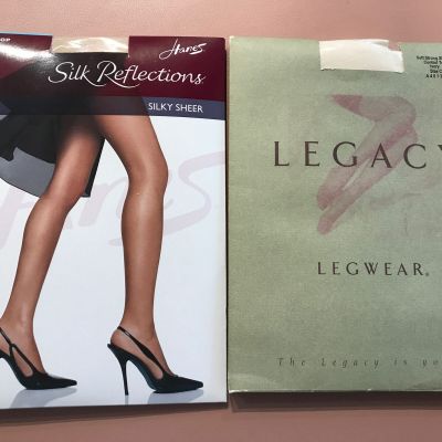 Pantyhose Lot of 2 Sheer Women's Hanes Size CD Buff, Legacy Legwear Size C Ivory