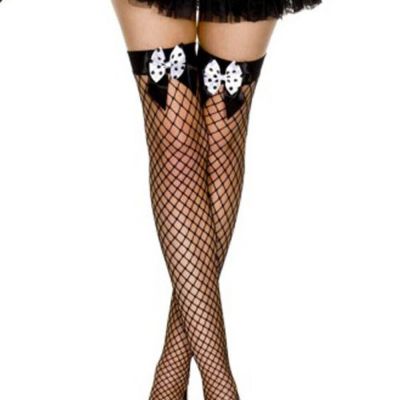 Black Fishnet Thigh High Stockings with Polkadot bow Sexy lingerie costume