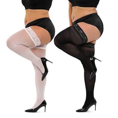 Plus Size Thigh High Stockings Semi Sheer Stay Up Lingerie Lace Top Pantyhose...