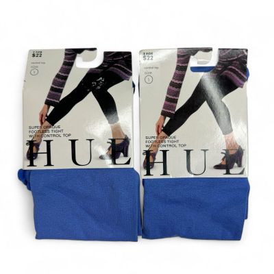 HUE Iris Blue Super Opaque Footless Control Top Tights Womens Sz 1 New 2 Pairs
