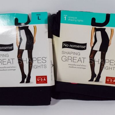 2 No nonsense Women's BLACK Opaque Shaping Tights Size Large