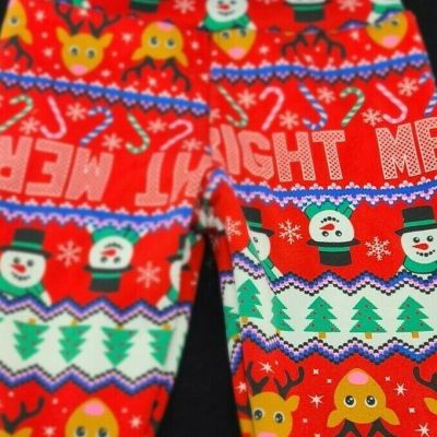 RED Christmas Merry Bright Rudolf Snowmen Snow Flakes Candy Canes Leggings USA