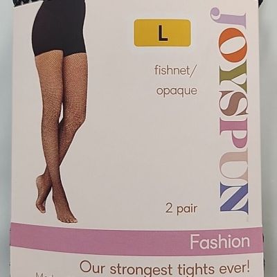Joyspun Women's Fishnet and Solid Tights, 2-Pack, Size L, Black