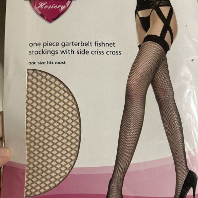 one piece garterbelt fishnet stockings with side criss cross one size fits Beige
