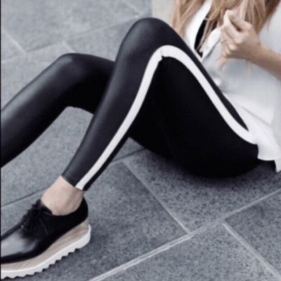 SPANX Faux Leather Shiny LEGGINGS-#20187R-BLACK White Side Stripe-Sz SMALL-EUC!