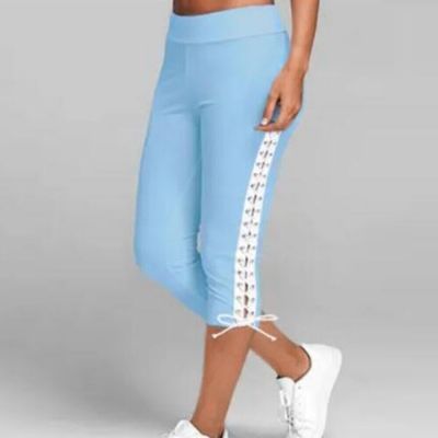 Women Lace Up Cropped Pants Joggers Yoga Sports Bottoms Capri Trousers Plus Size