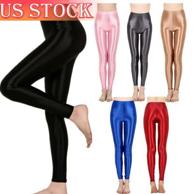 US Women's Shiny Metallic Workout High Waist Compression Pants Tights Activewear