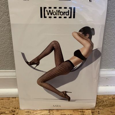 Wolford Women’s Mira Wavy Fishnet Tights Hosiery Large Black New In Package