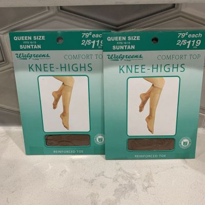 Walgreens Queen Size Comfort Top Knee Highs Sealed  2 Pairs Reinforced Toe Tan