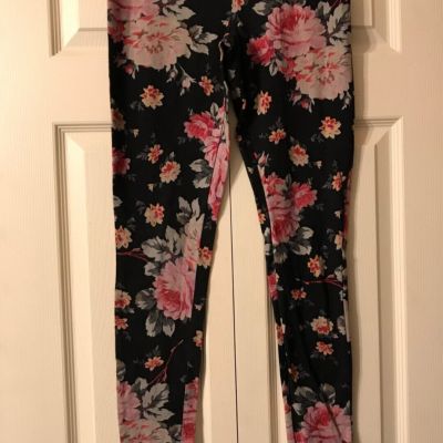 Express Floral Print Stretch Pants Tights, Black, Size S
