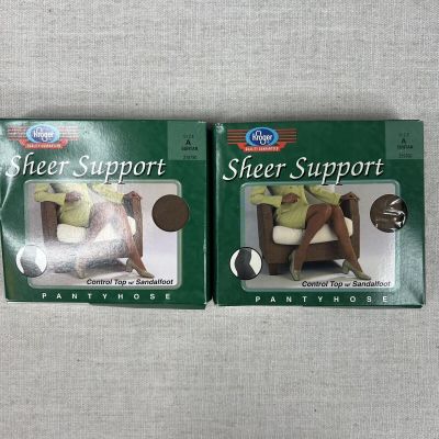 2 Pairs Of Kroger Sheer Support Pantyhose Control Top W/ Sandalfoot Sz A Suntan