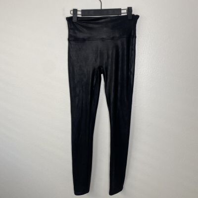 Spanx Womens Faux Leather Leggings Size Medium Black Shimmery Shiny Stretch 28”