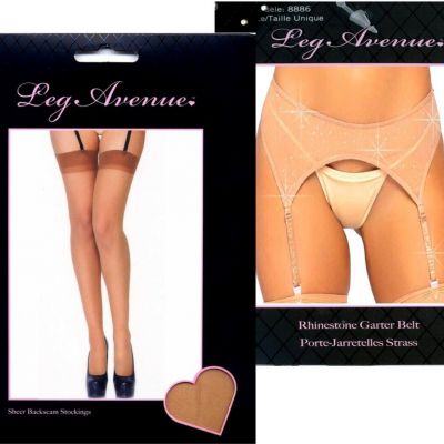 Rhinestone Garter Belt + Sheer Seamed Stockings Beige/Tan Leg Avenue 8886 1000