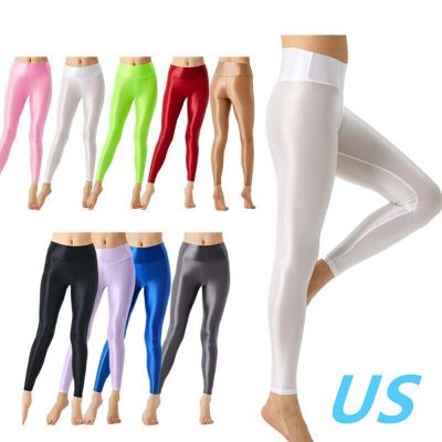 US Womens Glossy Tights Pants Solid Color Stretchy Tummy Control Workout Pants